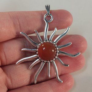 Silver Sun Corona Red Agate Necklace Pendant 45mm Women's Party Gift